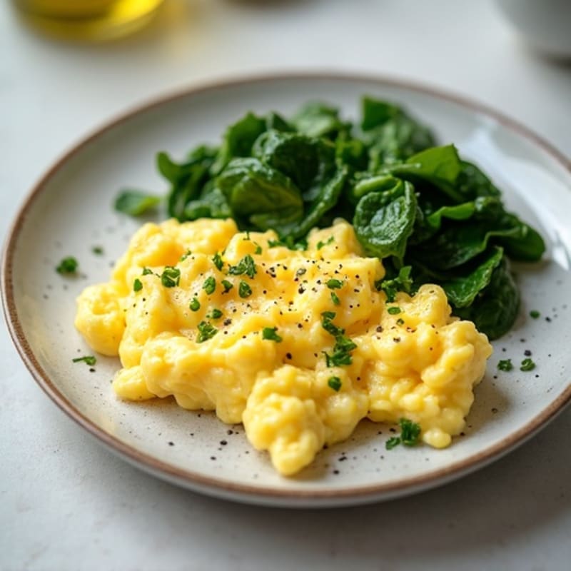 Fluffy Scrambled Eggs with Sautéed Spinach and Fresh Avocado