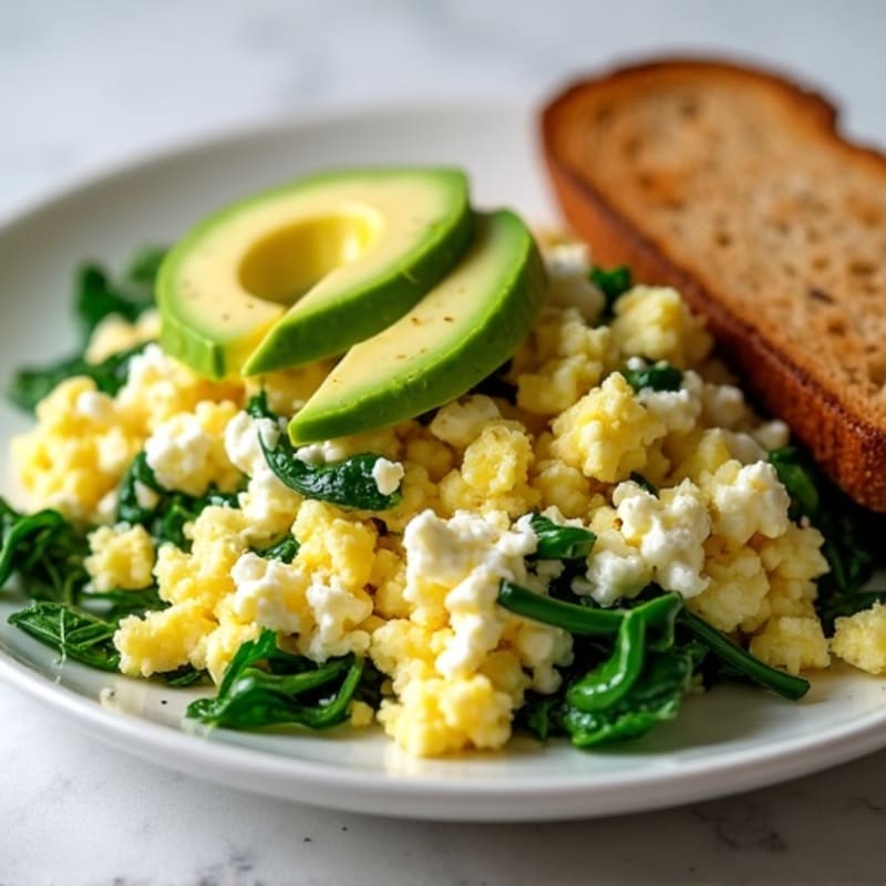 Egg White and Spinach Scramble with Cottage Cheese and Sliced Avocado
