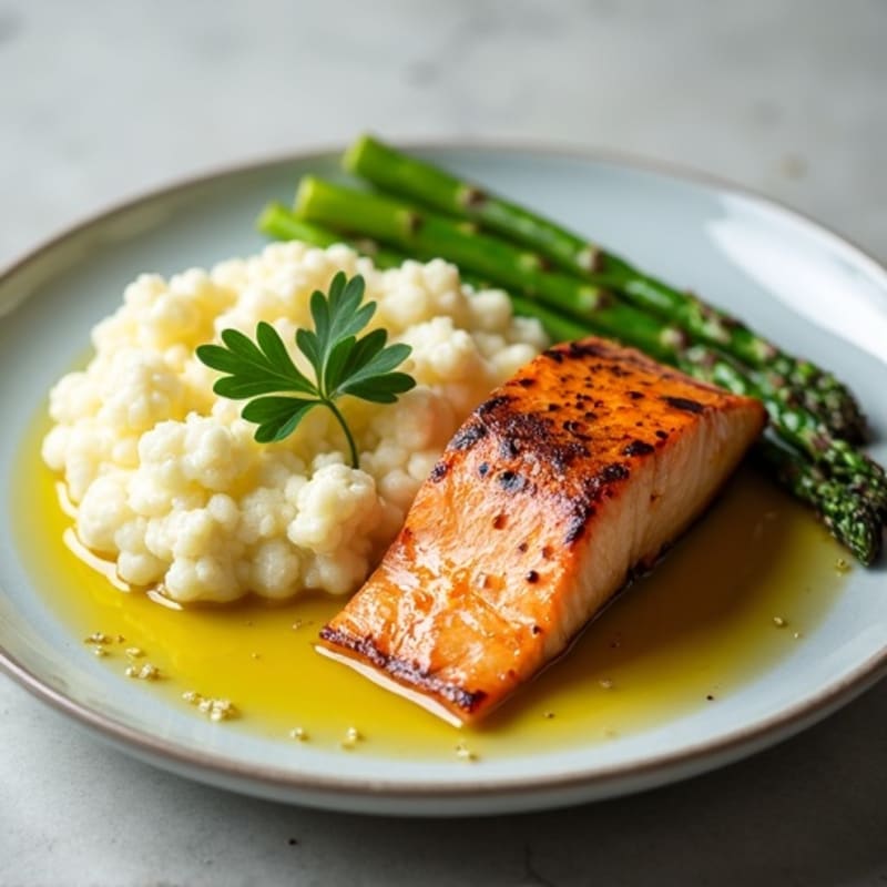 Seared Salmon with Steamed Asparagus and Cauliflower Mash