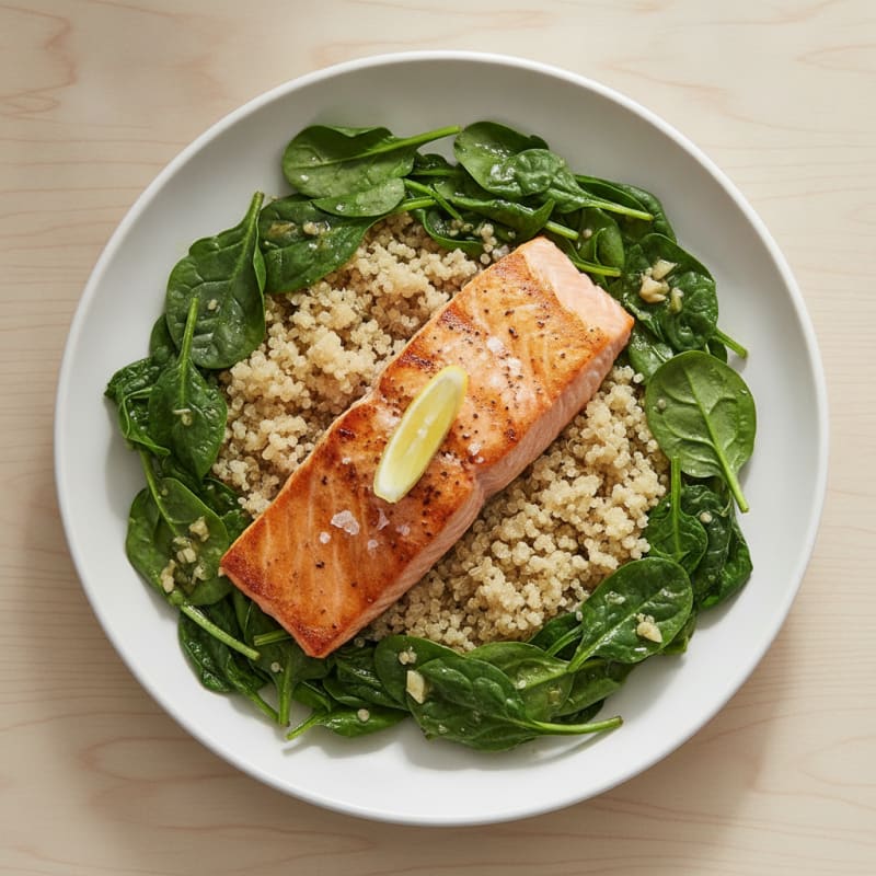 Seared Salmon Fillet with Quinoa and Garlic Spinach