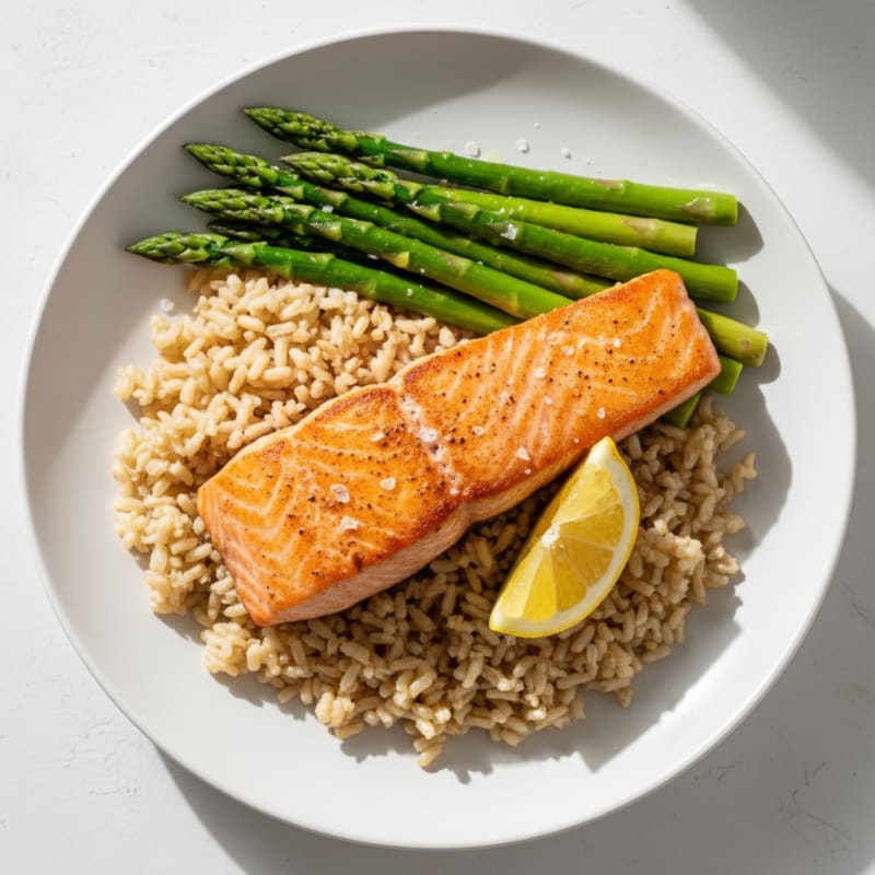 Seared Salmon with Steamed Asparagus and Brown Rice