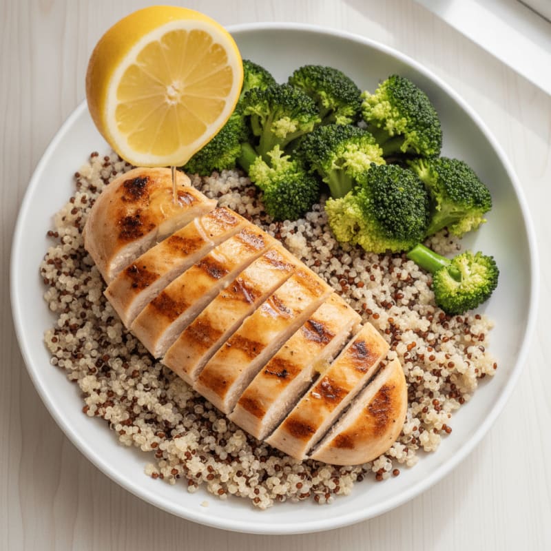 Grilled Chicken Breast with Quinoa and Steamed Broccoli