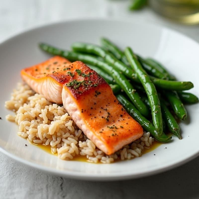 Seared Salmon with Garlic Green Beans and Brown Rice