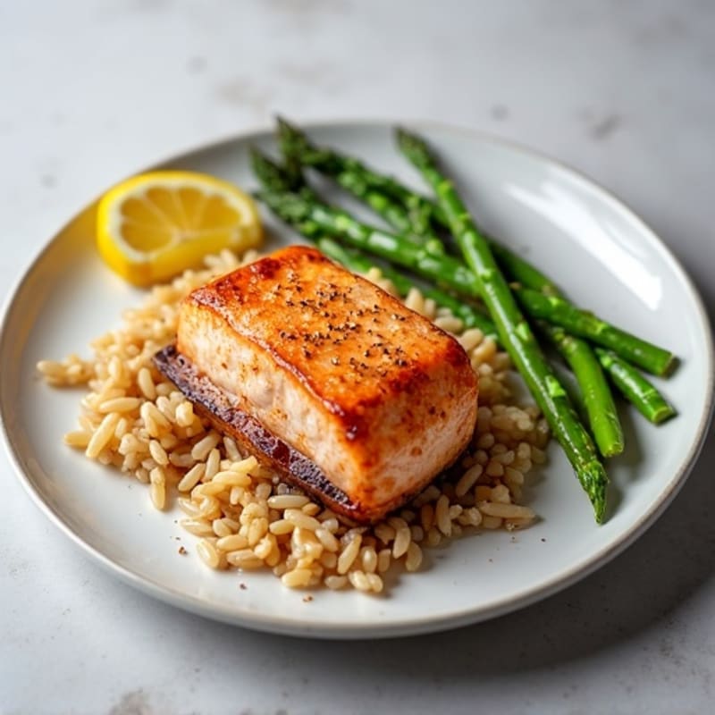 Seared Salmon Fillet with Steamed Asparagus and Brown Rice