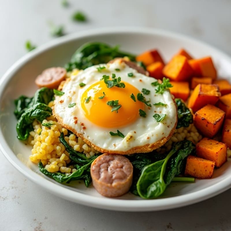 Egg White and Turkey Sausage Scramble with Spinach and Roasted Sweet Potatoes