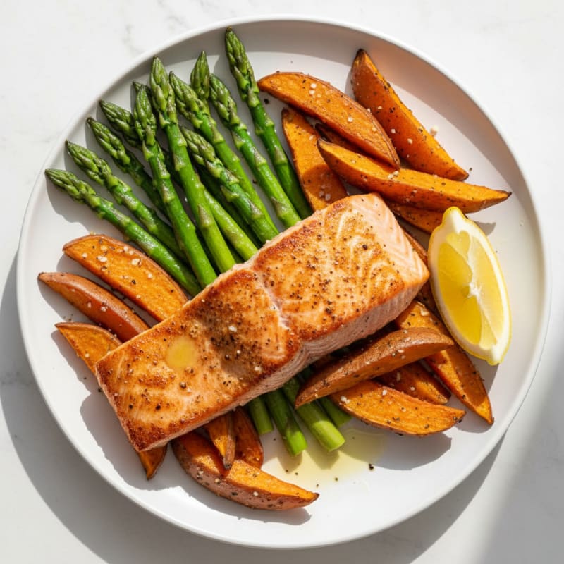 Seared Salmon with Steamed Asparagus and Garlic Sweet Potato Wedges
