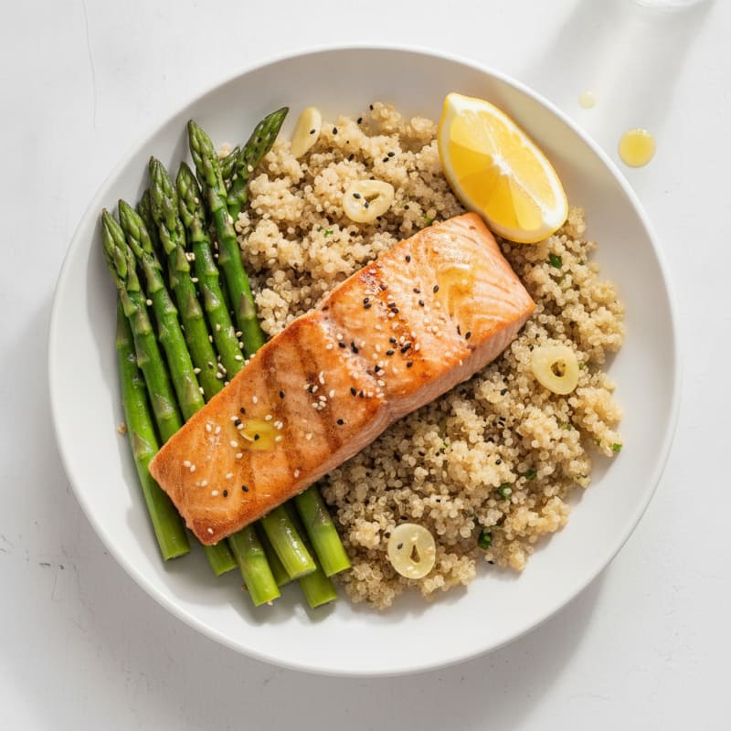Seared Salmon Fillet with Quinoa and Steamed Asparagus