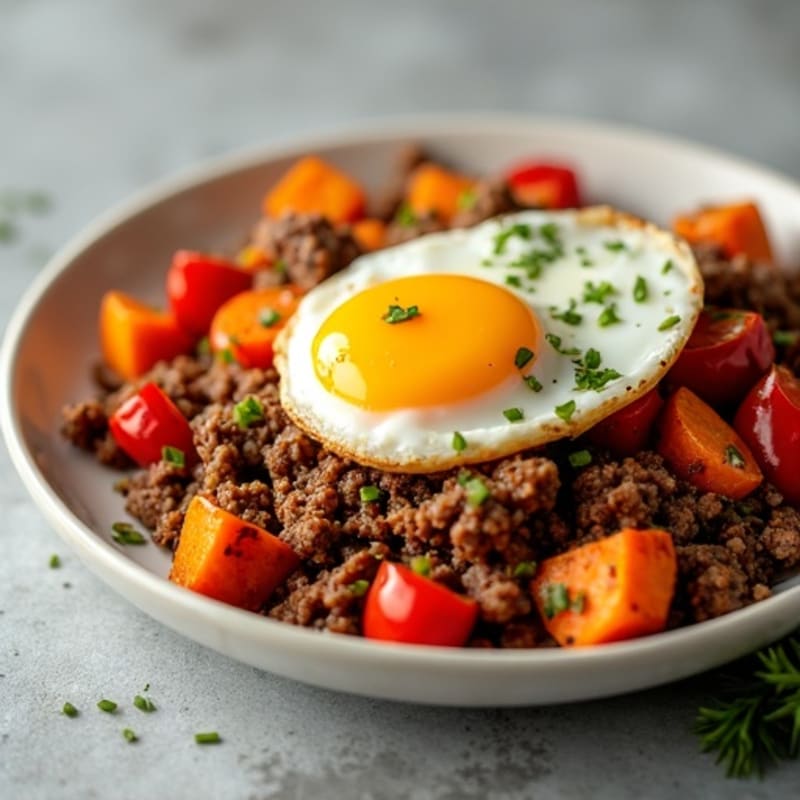 Lean Ground Beef and Roasted Sweet Potato Hash