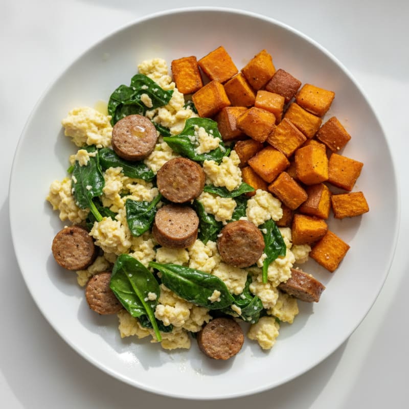 Egg White and Turkey Sausage Scramble with Spinach and Roasted Sweet Potatoes