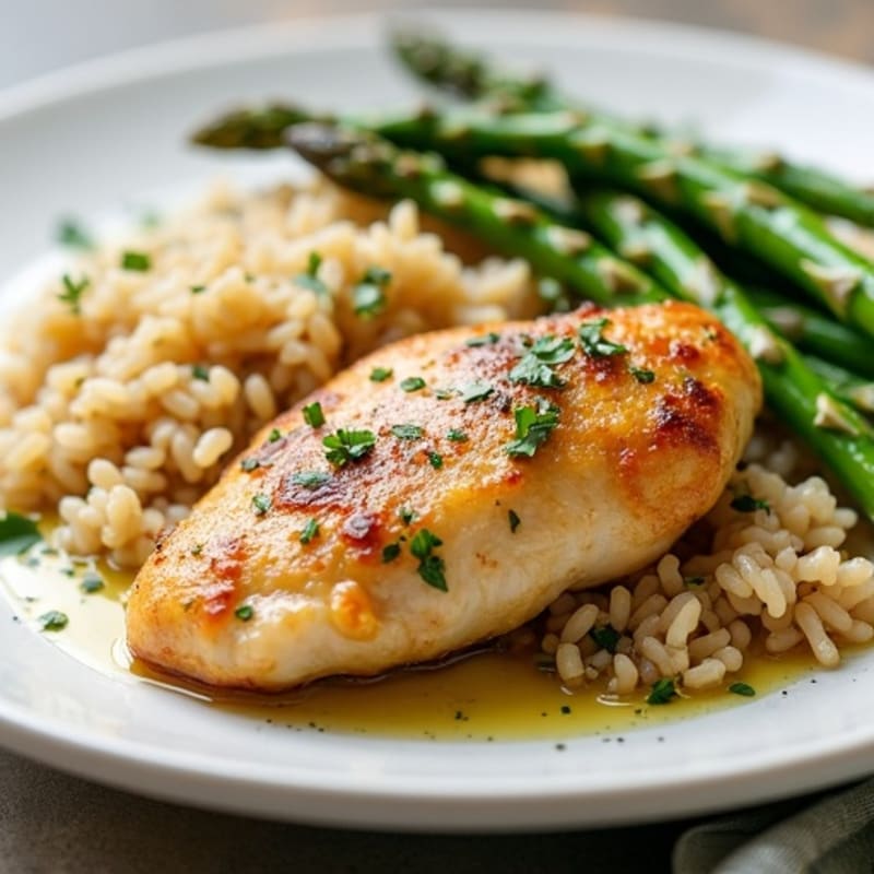 Lemon Herb Pan-Seared Chicken with Fluffy Brown Rice and Roasted Asparagus