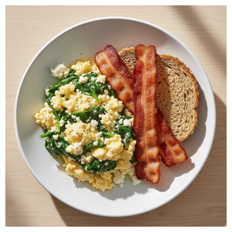 Cottage Cheese Egg Scramble with Spinach and Turkey Bacon