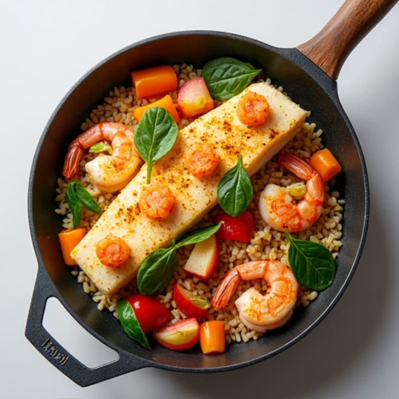 Saffron-Spiced Seafood and Crispy Rice Skillet with Fresh Vegetables