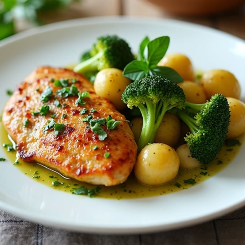 Pan-Seared Chicken and Crispy Gnocchi with Fresh Basil Pesto and Roasted Broccolini