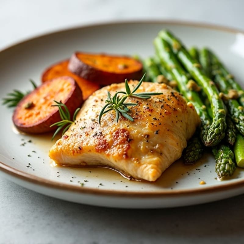 Lemon Herb Roasted Chicken with Crispy Asparagus and Sweet Potatoes