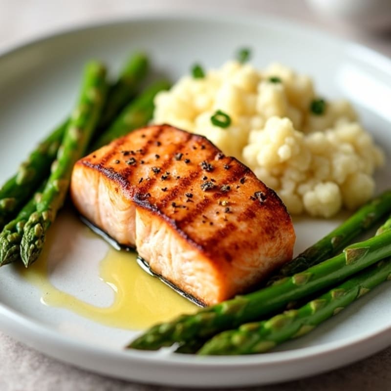 Seared Salmon with Steamed Asparagus and Garlic Mashed Cauliflower
