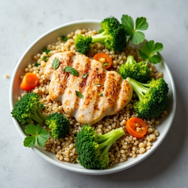 Grilled Chicken and Quinoa Salad with Roasted Broccoli and Lemon Tahini Dressing
