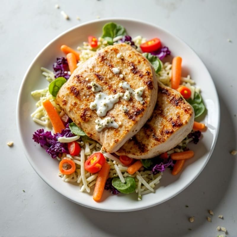 Grilled Chicken Breast with Crunchy Cabbage Slaw and Greek Yogurt Dressing