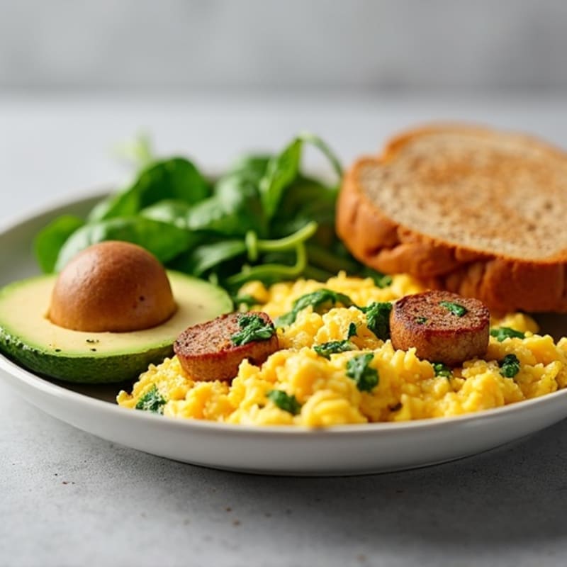 Egg White Scramble with Turkey Sausage and Sautéed Spinach