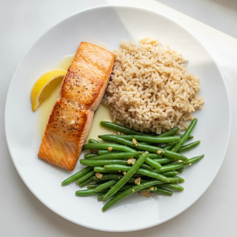 Seared Salmon with Garlic Green Beans and Brown Rice