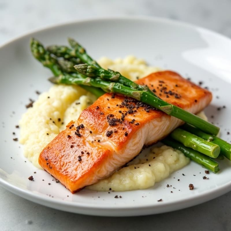 Seared Salmon with Steamed Asparagus and Cauliflower Mash