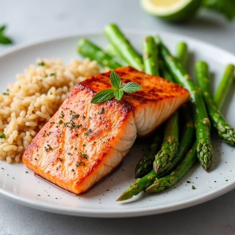 Seared Salmon Fillet with Steamed Asparagus and Brown Rice