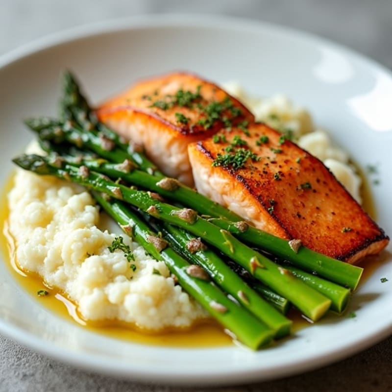 Seared Salmon Fillet with Roasted Asparagus and Garlic Cauliflower Mash