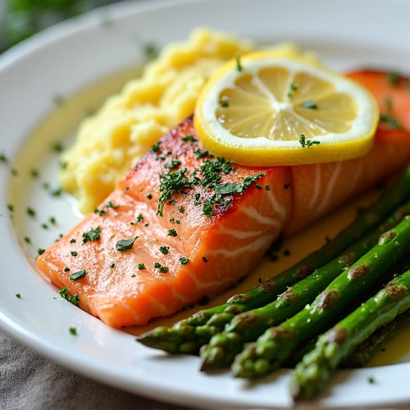 Lemon-Herb Baked Salmon with Silky Buttery Garlic Mashed Potatoes and Roasted Asparagus