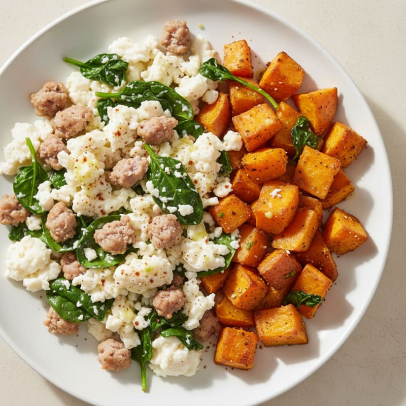 Egg White and Turkey Sausage Scramble with Spinach and Roasted Sweet Potatoes
