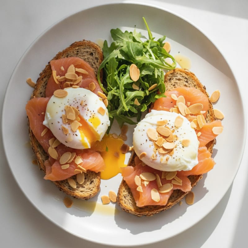 Egg and Lox Fitness Bread with Arugula and Sliced Almonds