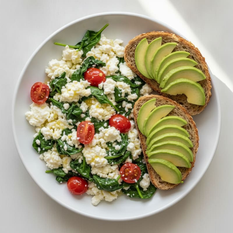 Egg White and Cottage Cheese Scramble with Spinach and Cherry Tomatoes