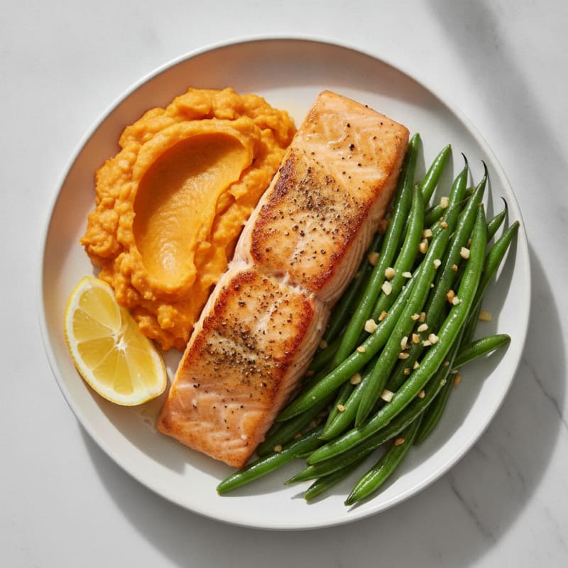 Seared Salmon with Garlic Green Beans and Sweet Potato Mash
