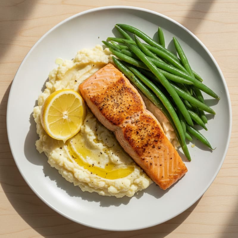 Seared Salmon with Steamed Green Beans and Garlic Mashed Cauliflower