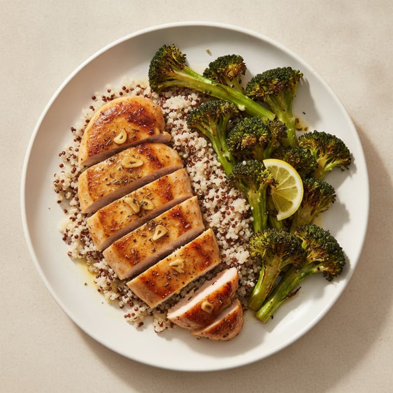 Seared Chicken Breast with Quinoa and Roasted Broccoli