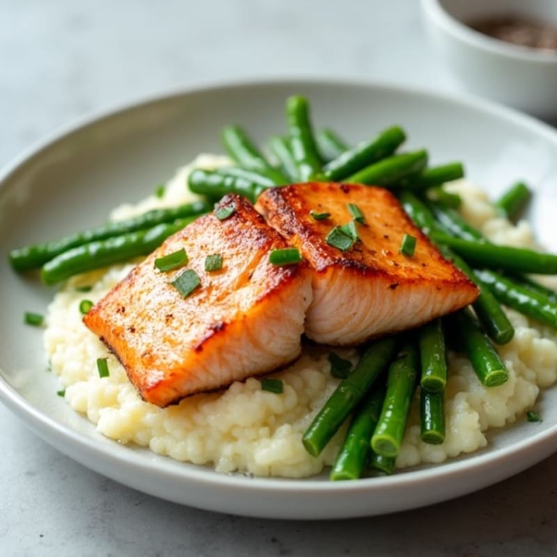Seared Salmon with Steamed Green Beans and Cauliflower Mash
