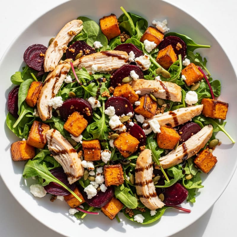 Roasted Sweet Potato Beet Salad with Goat Cheese