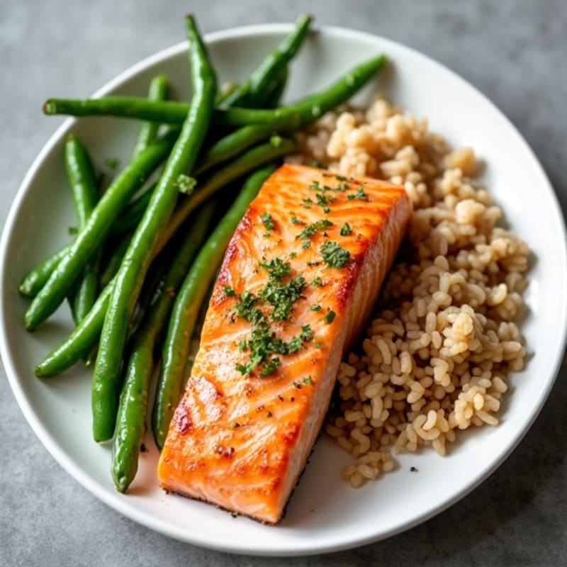 Seared Salmon with Garlic Green Beans and Brown Rice