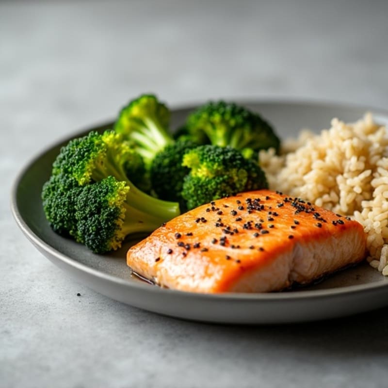 Seared Salmon with Steamed Broccoli and Garlic Brown Rice