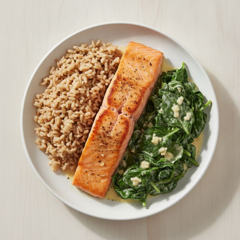 Seared Salmon Fillet with Creamy Garlic Spinach and Brown Rice