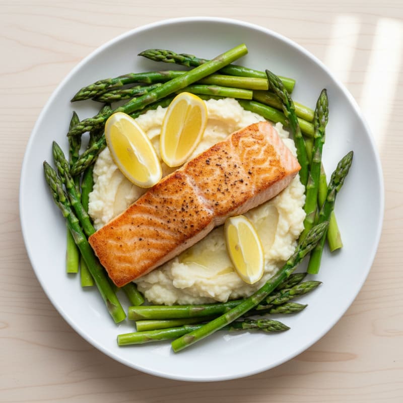 Seared Salmon with Steamed Asparagus and Cauliflower Mash