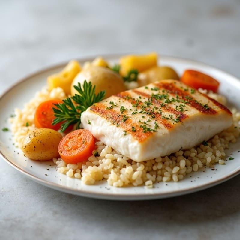 Baked Cod with Garlic Rice and Roasted Vegetables