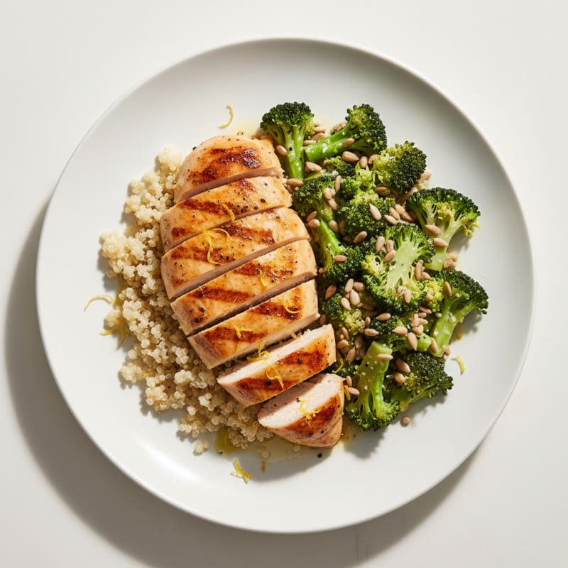 Grilled Chicken Breast with Quinoa and Crunchy Broccoli Salad
