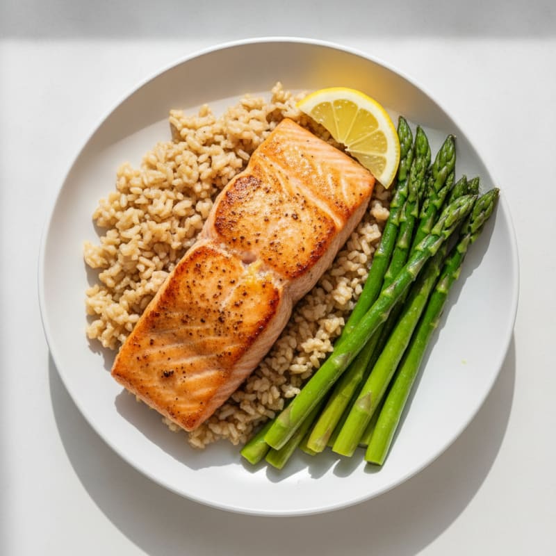 Seared Salmon with Steamed Asparagus and Brown Rice