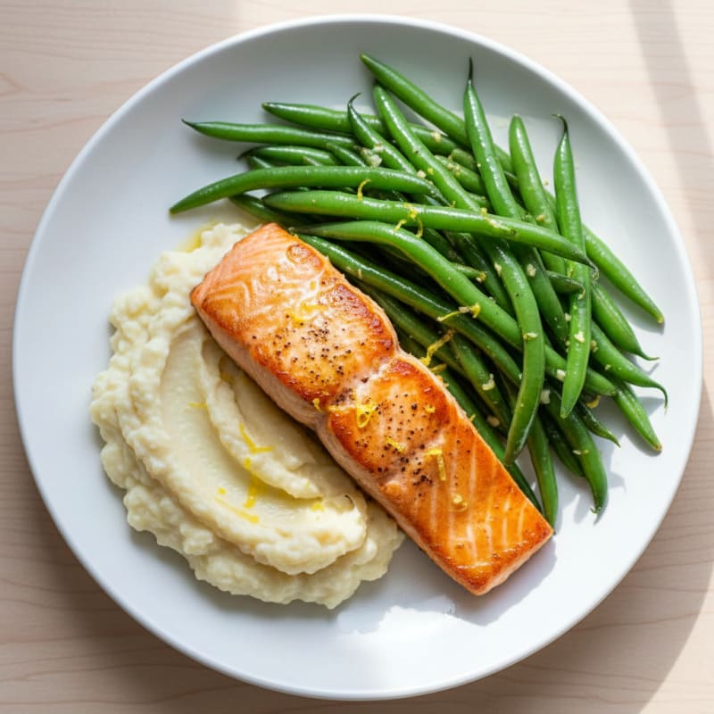 Seared Salmon with Garlic Green Beans and Cauliflower Mash