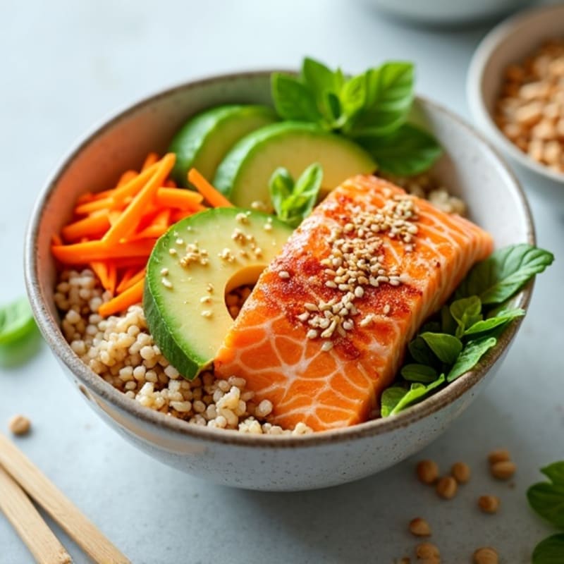 Fresh Salmon Rice Bowl with Creamy Avocado and Crisp Vegetables