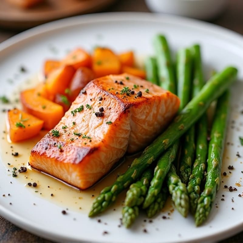 Seared Salmon Fillet with Roasted Sweet Potato and Asparagus