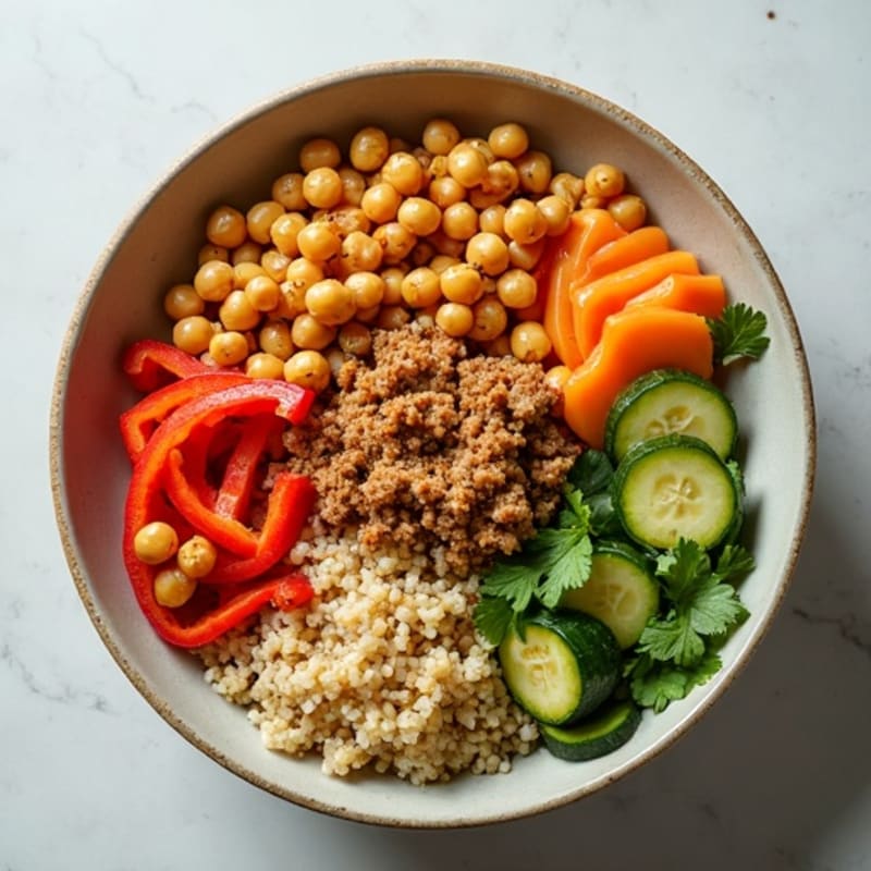 Crispy Chickpea and Roasted Vegetable Quinoa Bowl with Creamy Lemon-Tahini Dressing