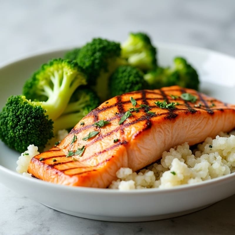 Grilled Salmon with Steamed Broccoli and Cauliflower Rice