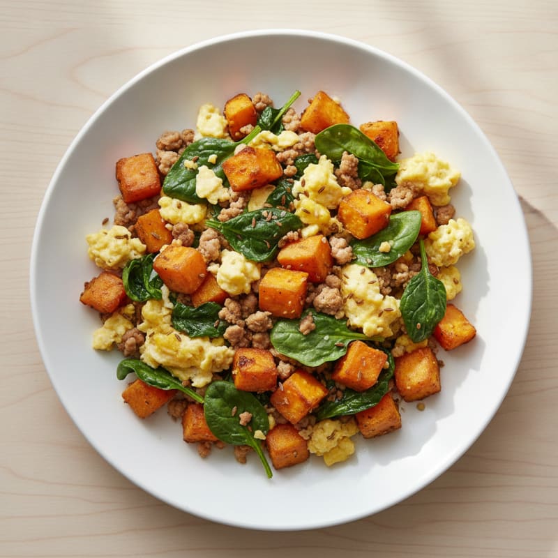 Scrambled Egg and Sweet Potato Hash with Spinach