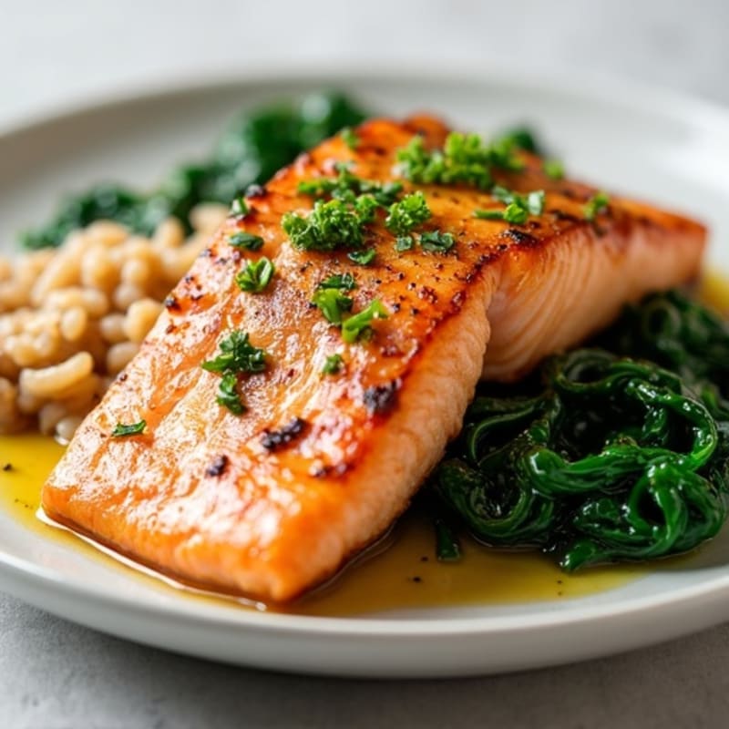 Seared Salmon with Garlic Sautéed Spinach and Brown Rice
