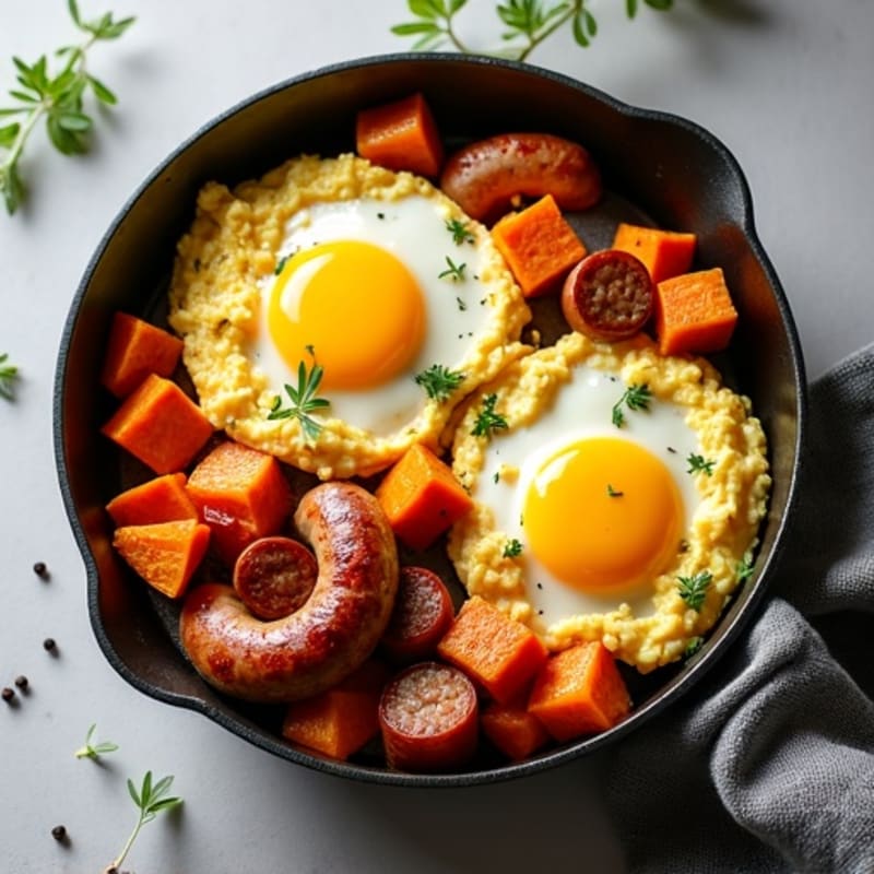 Savory Skillet Eggs with Crispy Sweet Potatoes and Chicken Sausage